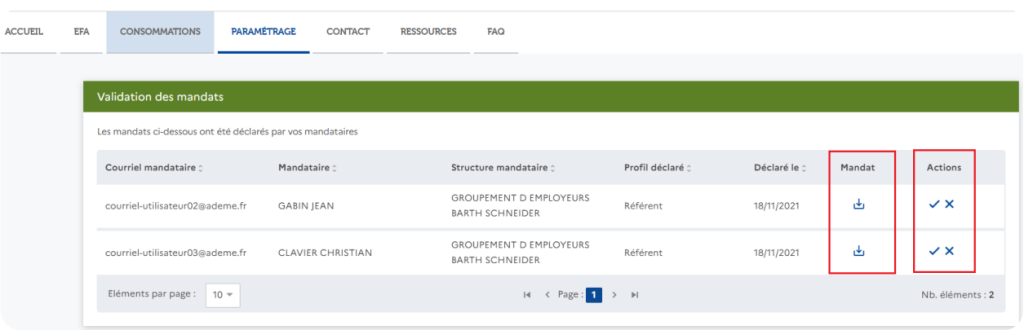 Screenshot de la plateforme Operat pour "Mandat" et "Actions"