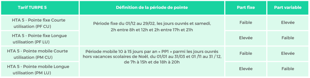 4 options tarifaires ou versions possibles pour les sites en HTA (tarifs verts)